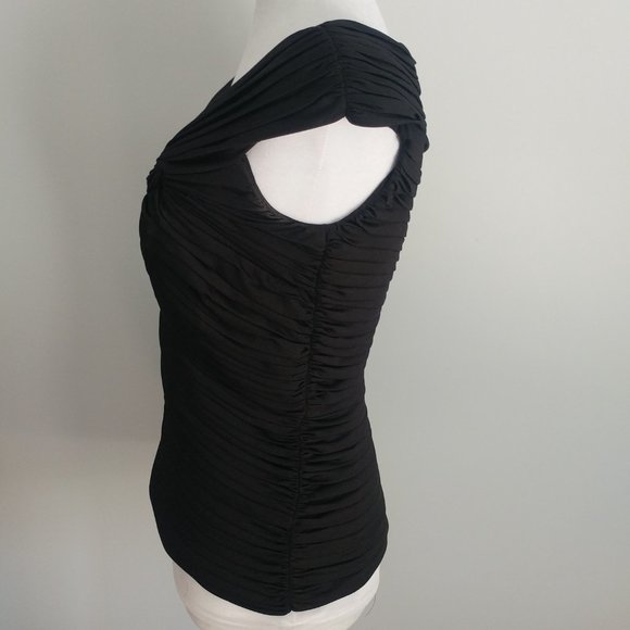 Classy Fitted Formal Black Top All Over Pleated Design Asymmetrical Neckline 8 - Picture 6 of 10